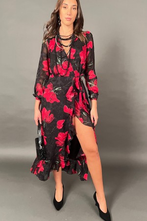 Abito lungo Paris con fantasia floreale con chiusura a portafoglio Abito lungo Paris con fantasia floreale con chiusura a por...