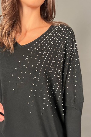 Maglia Smart scollo a v con decoro di borchie  Maglia Smart scollo a v con decoro di borchie  Maglia Smart scollo a v con dec...