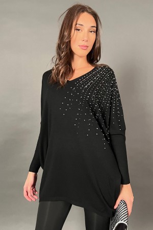 Maglia Lunca scollo a v con decoro di borchie  Maglia Lunca scollo a v con decoro di borchie  Maglia Lunca scollo a v con dec...