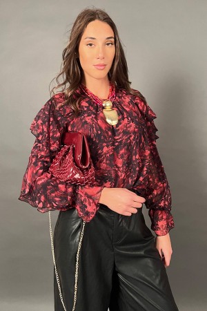 Blusa Linda con fantasia floreale e fili lurex in oro Blusa Linda con fantasia floreale e fili lurex in oro Blusa Linda con f...