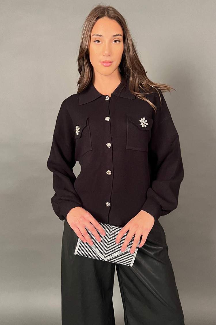 Cardigan Brown in cotone e viscosa con bottoni gioiello  Cardigan Brown in cotone e viscosa con bottoni gioiello  Cardigan Br...