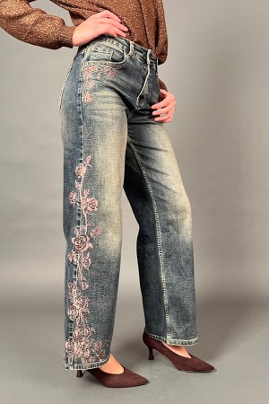 Jeans de madera con bordados y diamantes de imitación de flores