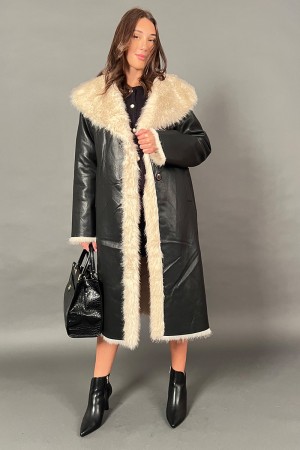 Long sapphire coat in eco-leather and eco-leather details
