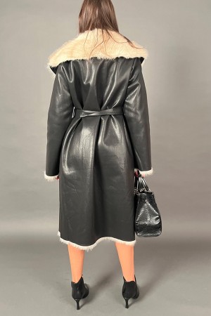 Long manteau saphir en cuir écologique et éco-cuir Détails
