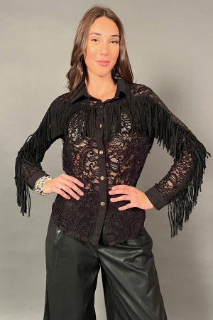 Camicia Teresa in pizzo con frange e bottoni oro Camicia Teresa in pizzo con frange e bottoni oro Camicia Teresa in pizzo con...