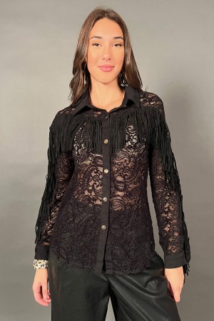 Camicia Teresa in pizzo con frange e bottoni oro Camicia Teresa in pizzo con frange e bottoni oro Camicia Teresa in pizzo con...