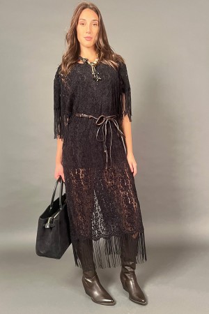 Long penelope dress in short-sleeved lace with fringed and belt combined in stones