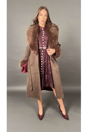 Daisy coat with eco-leather neck and eco-leather cuffs with removable belt