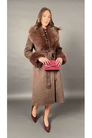 Gänseblümchenmantel mit Eco-Leder-Hals- und Öko-Leder-Manschetten mit abnehmbarem Gürtel