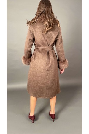 Daisy coat with eco-leather neck and eco-leather cuffs with removable belt
