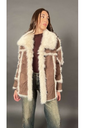 Loys jacket in eco-samoscusci with eco-feathered details and black cental buttons 