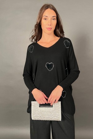 Maglia Lover con cuori di perline e pelliccia Maglia Lover con cuori di perline e pelliccia Maglia Lover con cuori di perline...