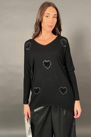 Maglia Lover con cuori di perline e pelliccia Maglia Lover con cuori di perline e pelliccia Maglia Lover con cuori di perline...