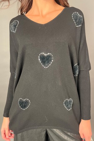 Maglia Lover con cuori di perline e pelliccia Maglia Lover con cuori di perline e pelliccia Maglia Lover con cuori di perline...