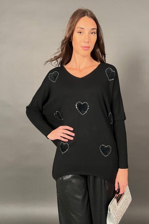 Maglia Lover con cuori di perline e pelliccia Maglia Lover con cuori di perline e pelliccia Maglia Lover con cuori di perline...