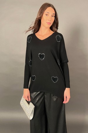Maglia Lover con cuori di perline e pelliccia Maglia Lover con cuori di perline e pelliccia Maglia Lover con cuori di perline...