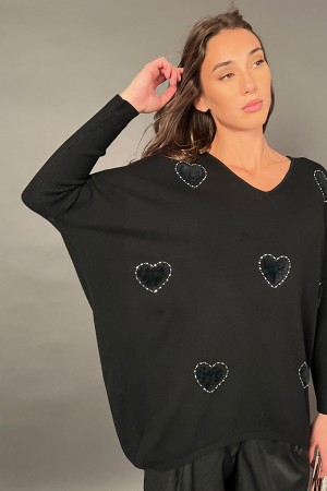 Maglia Lover con cuori di perline e pelliccia Maglia Lover con cuori di perline e pelliccia Maglia Lover con cuori di perline...