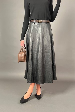 Samira skirt in eco-leather with matched belt with gold detail