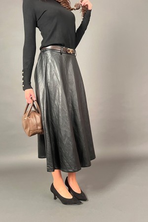 Samira skirt in eco-leather with matched belt with gold detail