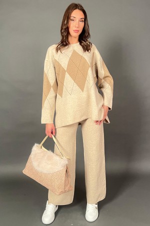 Jazmín coordinado tejido con pantalones y suéter de fantasía Rhombus