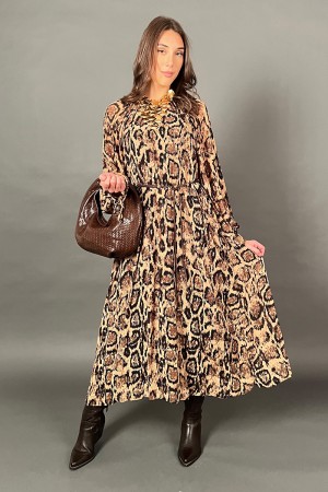 Long feather dress in animal fantasy with combined belt with gold details