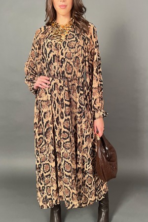 Abito lungo Piuma in fantasia animalier con cinta abbinata con dettagli oro Abito lungo Piuma in fantasia animalier con cinta...