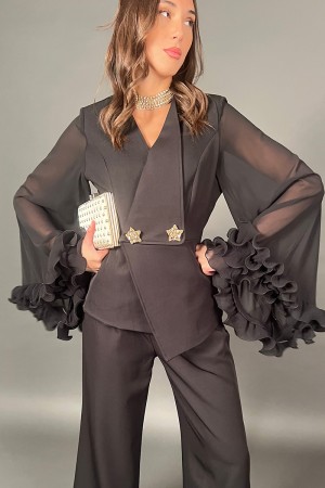 Coordinated ELLY Double-breasted shirt with jewel buttons Volant on sleeves and trousers 