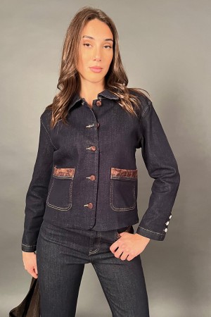Vera Chaqueta en Denim con Fantasía Animal en Eco-Samoscusci en Bolsillos y Botones