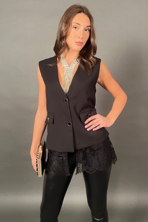 Shelly vest with lace inserts with black jewel buttons