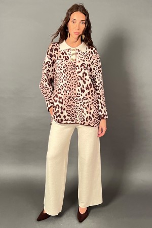 Coordinato Stefy in maglia con blusa leopardata e pantalone tinta unita Coordinato Stefy in maglia con blusa leopardata e pan...