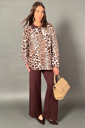 Coordinato Stefy in maglia con blusa leopardata e pantalone tinta unita Coordinato Stefy in maglia con blusa leopardata e pan...