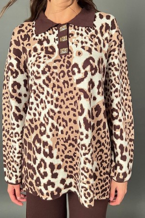 Stefy coordinado tejido con blusa de leopardo y pantalones de color sólido