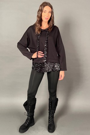 Sweat-shirt sur naturel avec capuche à butin avec velours et paillettes et bande sur le fond avec velours et paillettes 