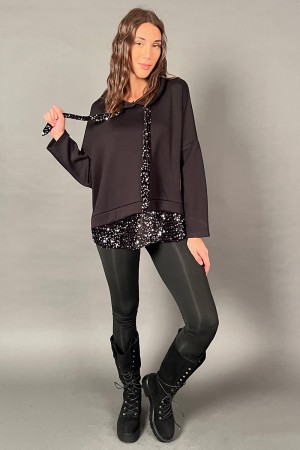 Sweat-shirt sur naturel avec capuche à butin avec velours et paillettes et bande sur le fond avec velours et paillettes 