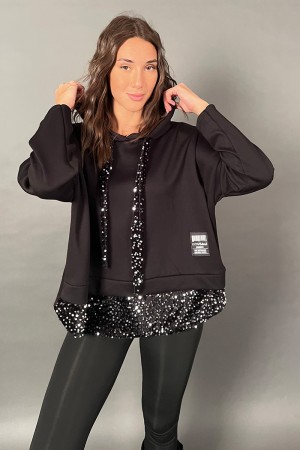 Sweat-shirt sur naturel avec capuche à butin avec velours et paillettes et bande sur le fond avec velours et paillettes 