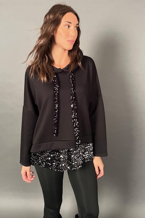 Sudadera sobre natural con capucha de botín con terciopelo y lentejuelas y banda en la parte inferior con terciopelo y lentejuel