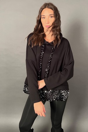 Sudadera sobre natural con capucha de botín con terciopelo y lentejuelas y banda en la parte inferior con terciopelo y lentejuel