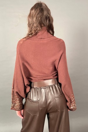 Jersey à col à tête élevé à haut débuté avec de longues manches à battes ornées de paillettes d'or