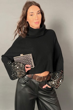 Jersey de cuello alto de cuello alto con mangas de murciélago largo adornadas con lentejuelas de oro