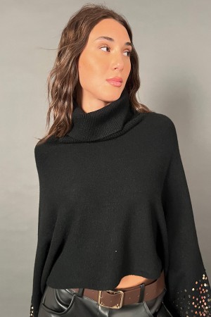 Jersey à col à tête élevé à haut débuté avec de longues manches à battes ornées de paillettes d'or