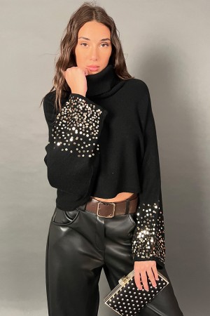 Jersey de cuello alto de cuello alto con mangas de murciélago largo adornadas con lentejuelas de oro