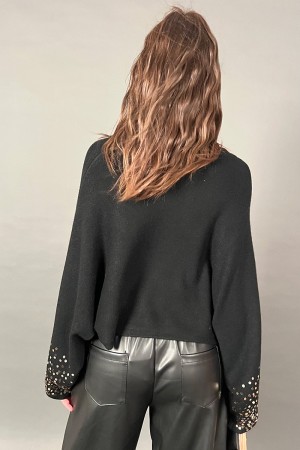 Jersey à col à tête élevé à haut débuté avec de longues manches à battes ornées de paillettes d'or