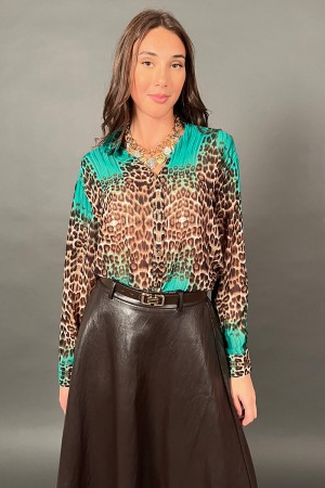 Jessy Shirt en Animalier Fantasy y Bottoncini Gioiello Gold Frontali