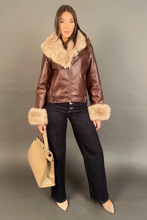 Jacke Selena Nagel-Faux-Leder mit Pelz und Polsterung